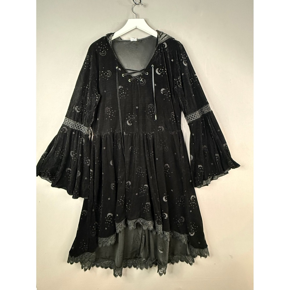 Spirit Celestial Coven Dress Women XL Black Velvet Hooded Witch Goth Cosplay